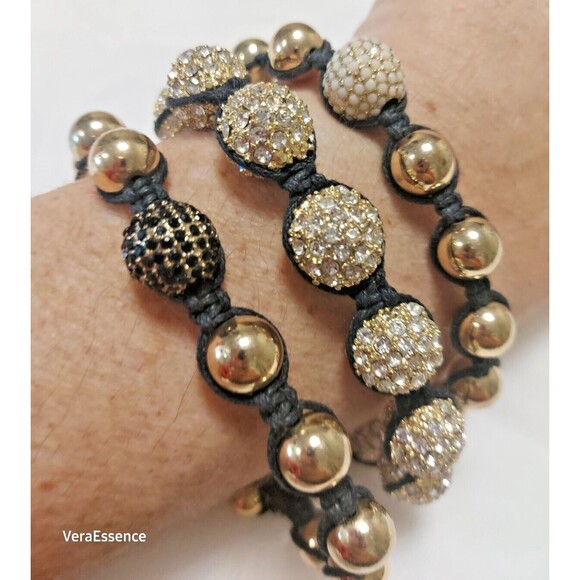 3 Lot Shamballa Handmade Gold Round Beads Braided Adjustable Bracelet Unisex NWT - Picture 2 of 10